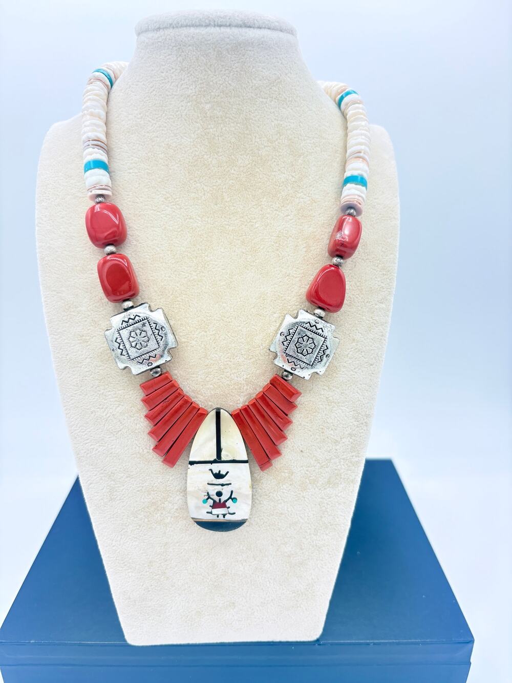 Southwestern Mosaic Inlay Necklace • Shell Heishi • Howlite & Red Jasper